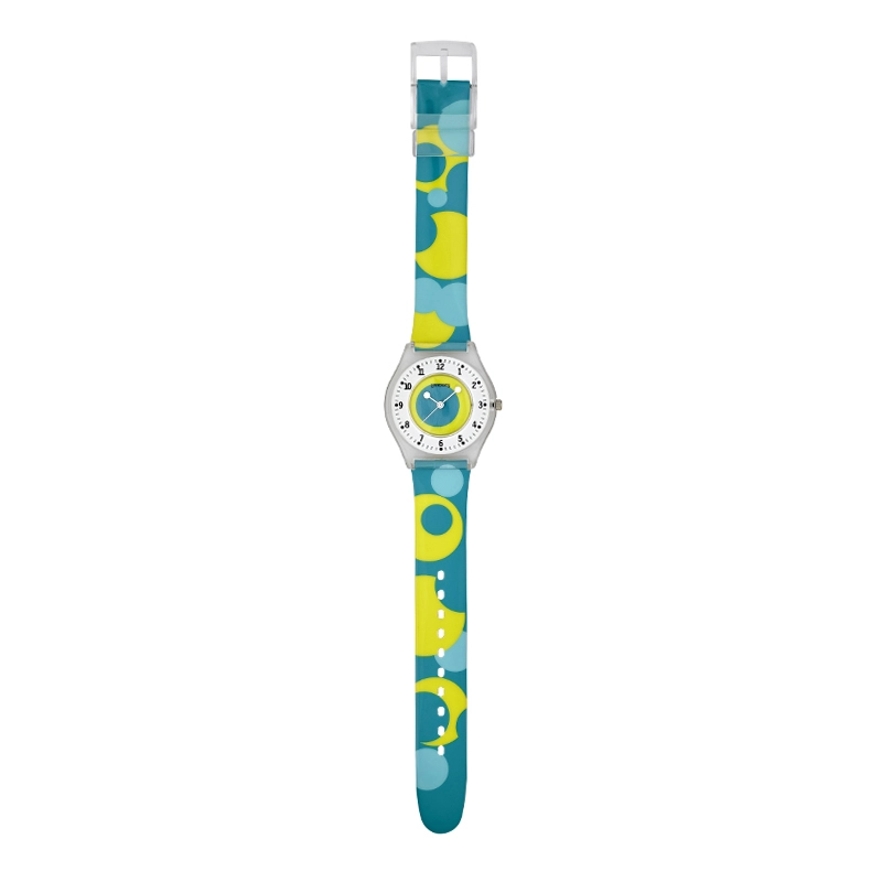 Reloj Reloj university analogo, para Mujer niña, tablero redondo colores amarillo, verde y blanco, estilo arabigos, pulso plastico color amarillo