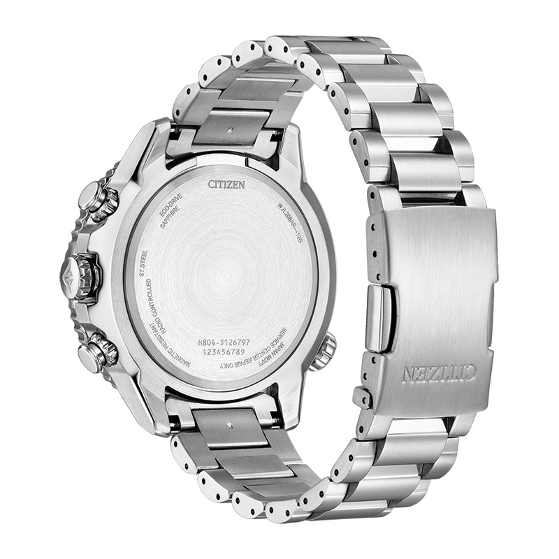 Reloj Citizen análogo, para Hombre, tablero redondo color azul, estilo index + arábigo, pulso acero color plateado, calendario, cronografo