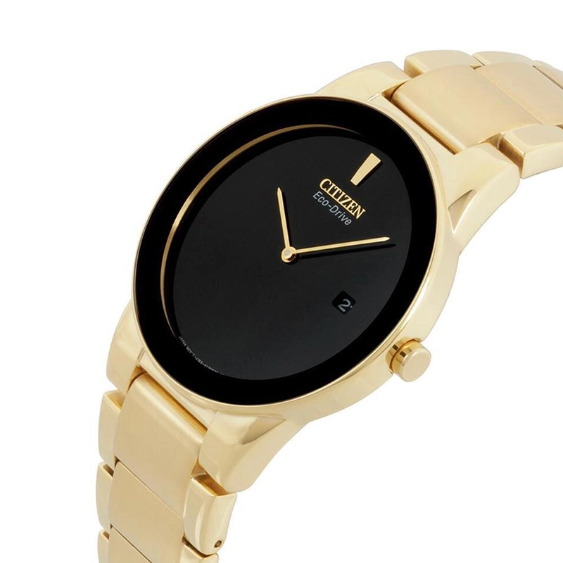 Reloj Citizen analogo, para Hombre, tablero redondo color negro, estilo sin numeros, pulso acero color dorado, calendario