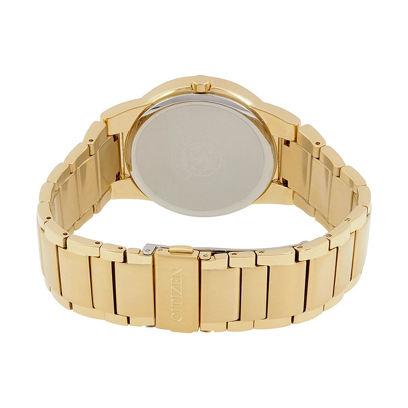 Reloj Citizen analogo, para Hombre, tablero redondo color negro, estilo sin numeros, pulso acero color dorado, calendario