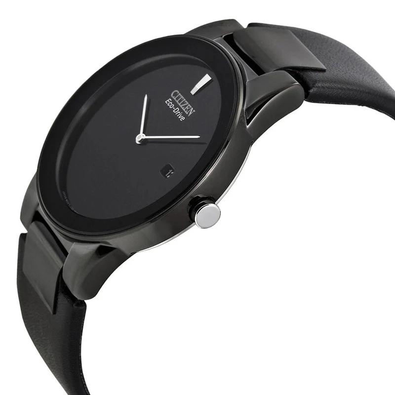 Reloj Citizen analogo, para Hombre, tablero redondo color negro, estilo index, pulso cuero color negro, calendario