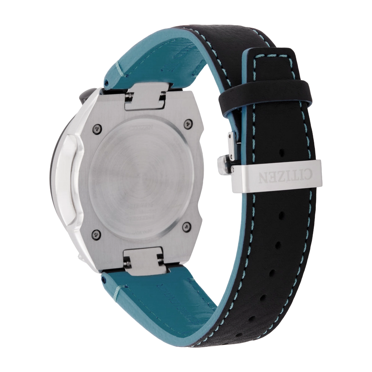 Reloj Citizen análogo, para Hombre, tablero redondo colores negro y azul, estilo index, pulso cuero color negro, calendario, cronografo