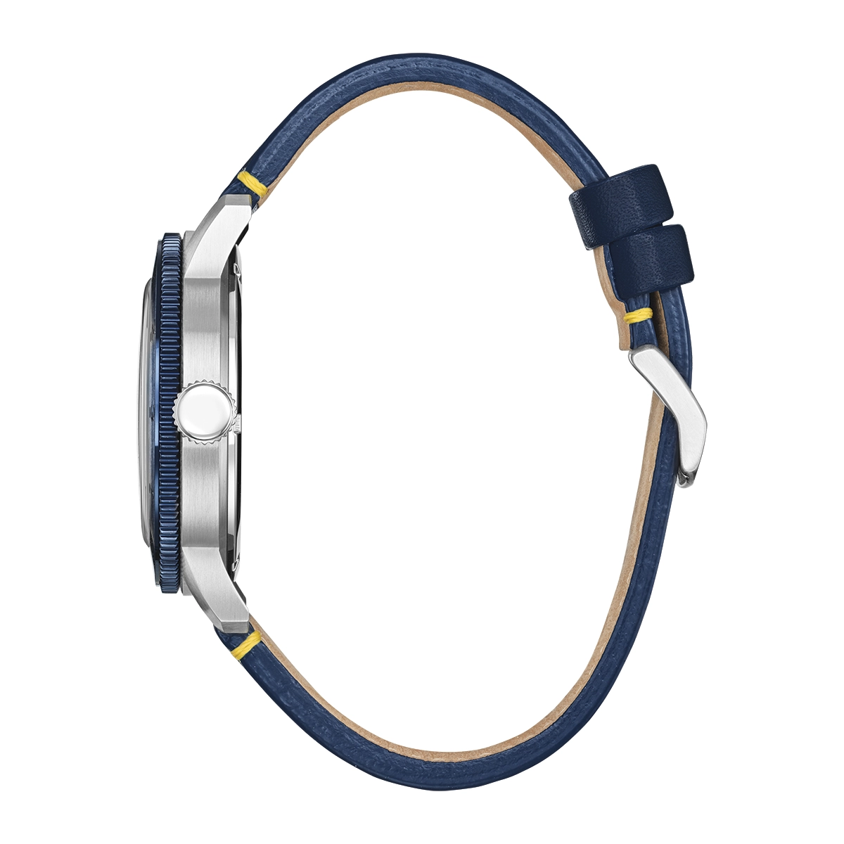 Reloj Citizen análogo, para Hombre, tablero redondo color azul, estilo index, pulso cuero color azul, calendario