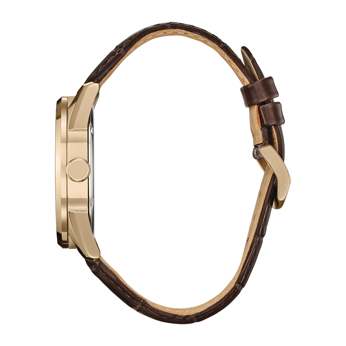 Reloj Citizen análogo, para Hombre, tablero redondo color beige, estilo arábigos, pulso cuero color café, calendario