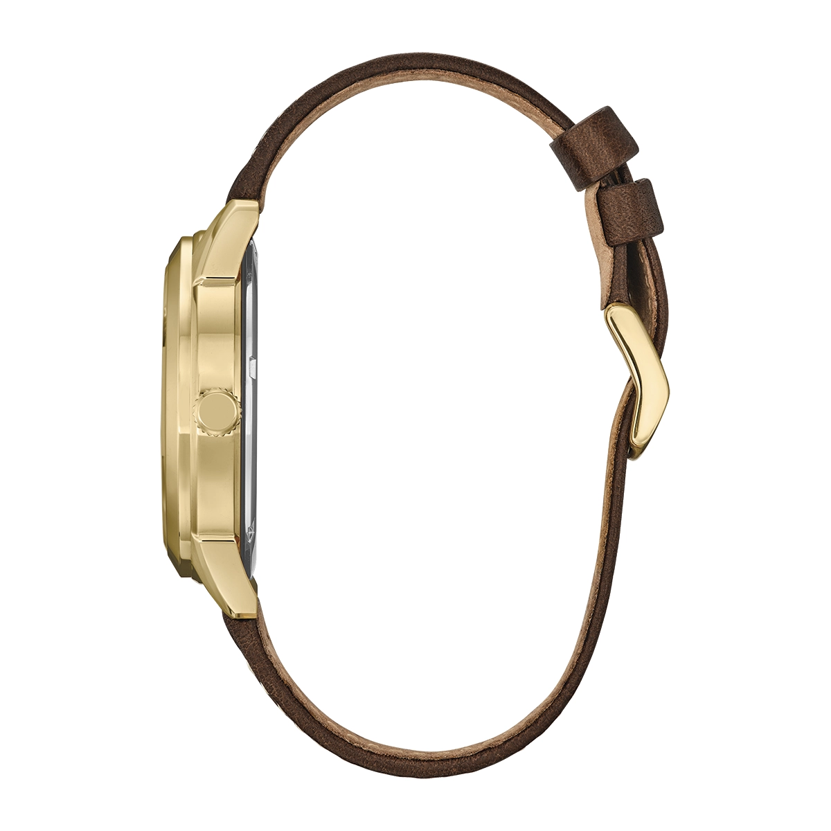 Reloj Citizen análogo, para Hombre, tablero redondo color dorado, estilo arábigos, pulso cuero color café, calendario