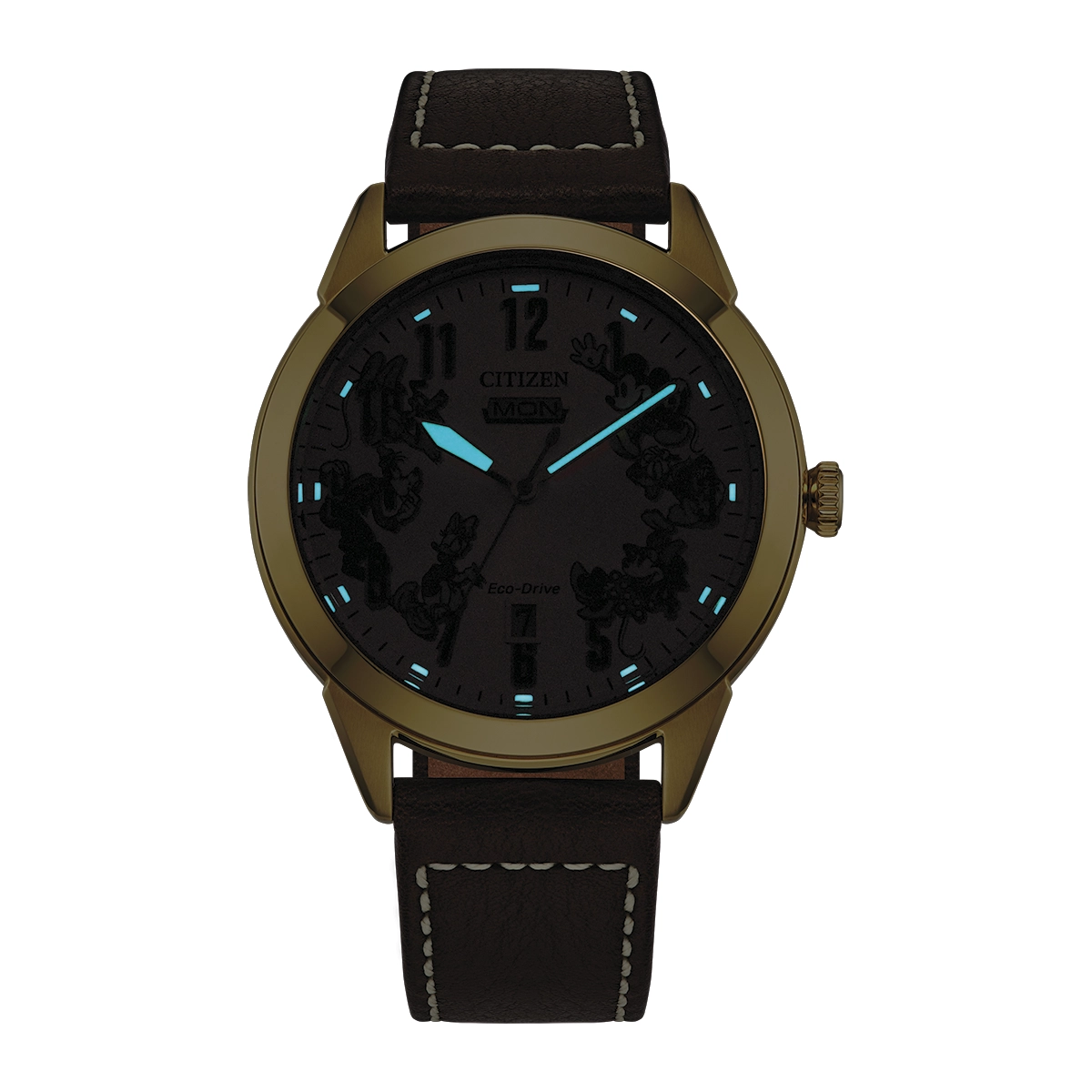 Reloj Citizen análogo, para Hombre, tablero redondo color dorado, estilo arábigos, pulso cuero color café, calendario