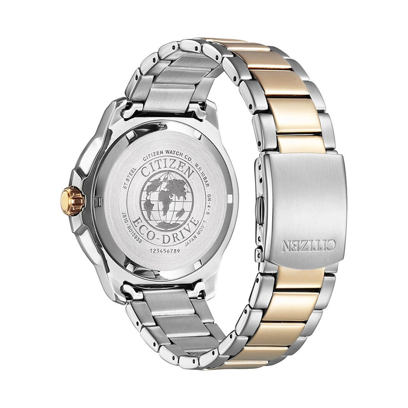Reloj Citizen analogo, para Hombre, tablero redondo color negro, estilo index, pulso acero colores plateado y rosa, calendario