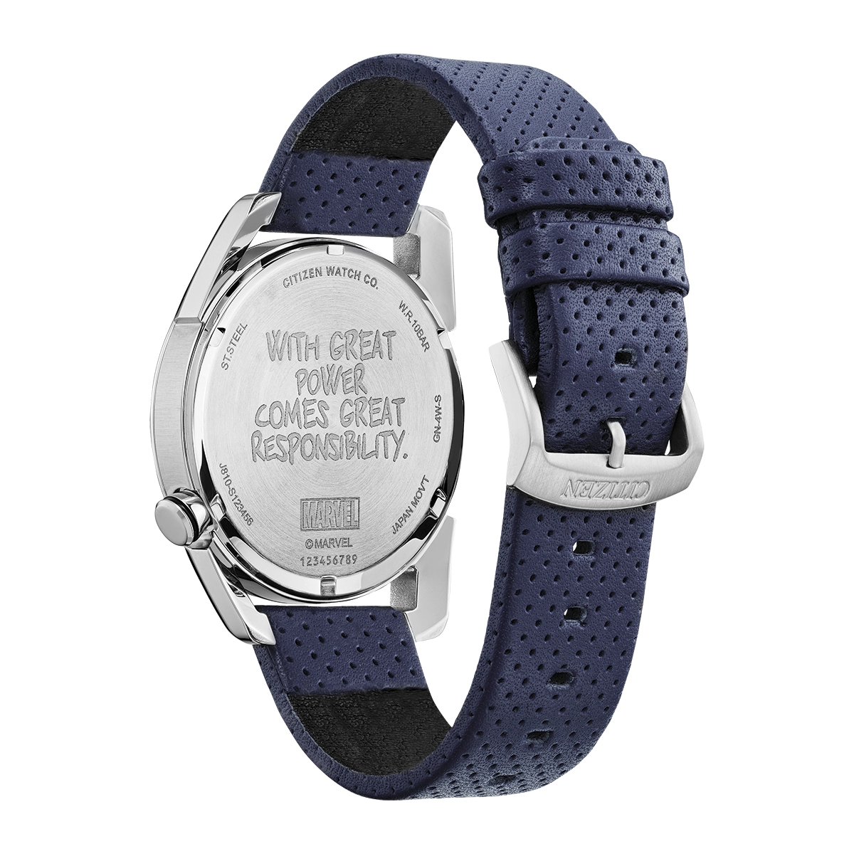 Reloj Citizen análogo, para Hombre, tablero redondo colores rojo y azul, estilo index, pulso cuero color azul, calendario