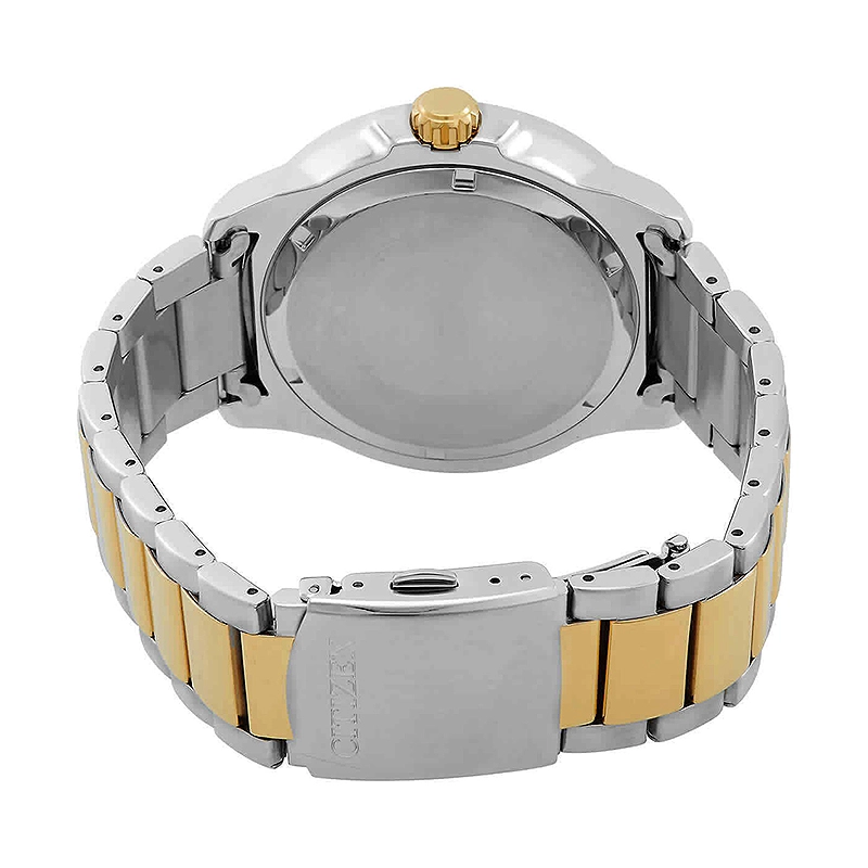 Reloj Citizen analogo, para Hombre, tablero redondo color negro, estilo index, pulso acero colores plateado y dorado, calendario