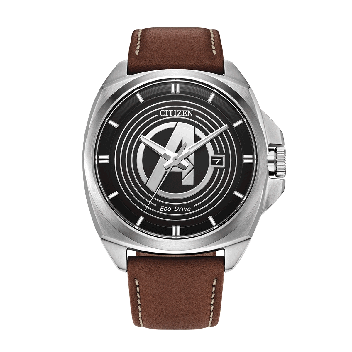 Reloj Citizen análogo, para Hombre, tablero redondo color negro, estilo index, pulso cuero color café, calendario