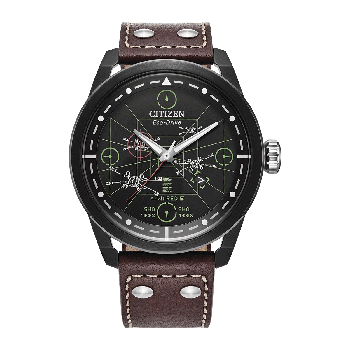 Reloj Citizen análogo, para Hombre, tablero redondo colores negro y verde, estilo puntos, pulso cuero color café, calendario