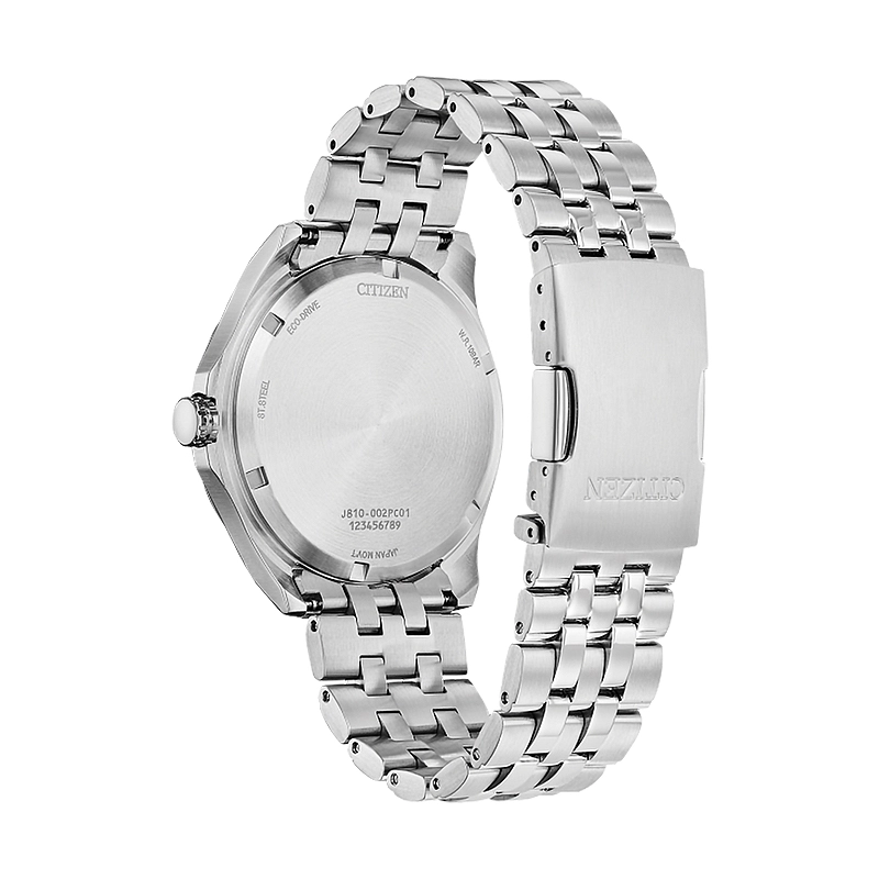 Reloj Citizen analogo, para Hombre, tablero redondo color negro, estilo index + arabigo, pulso acero color plateado, calendario