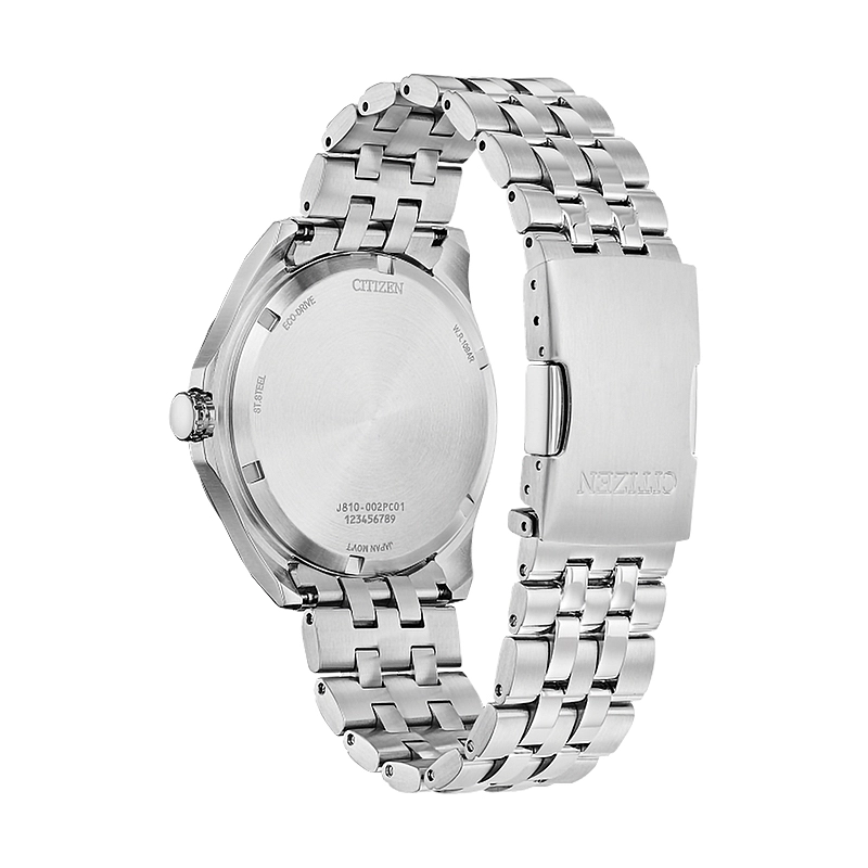 Reloj Citizen analogo, para Hombre, tablero redondo color azul, estilo index + arabigo, pulso acero color plateado, calendario