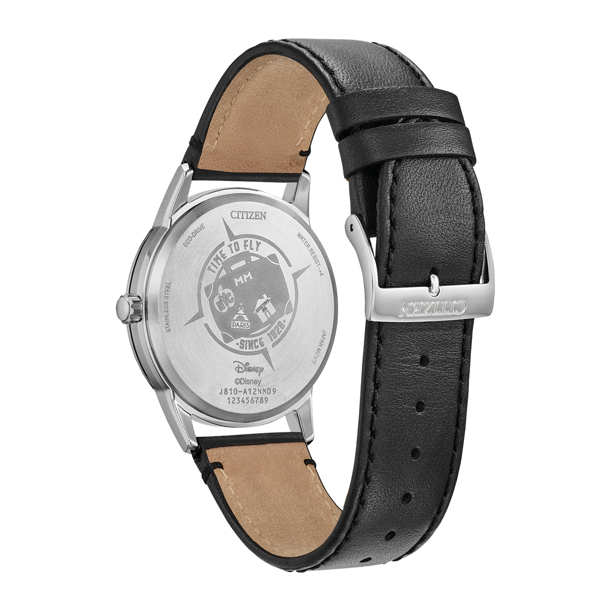 Reloj Citizen análogo, Unisex, tablero redondo color negro, estilo index, pulso cuero color negro, calendario
