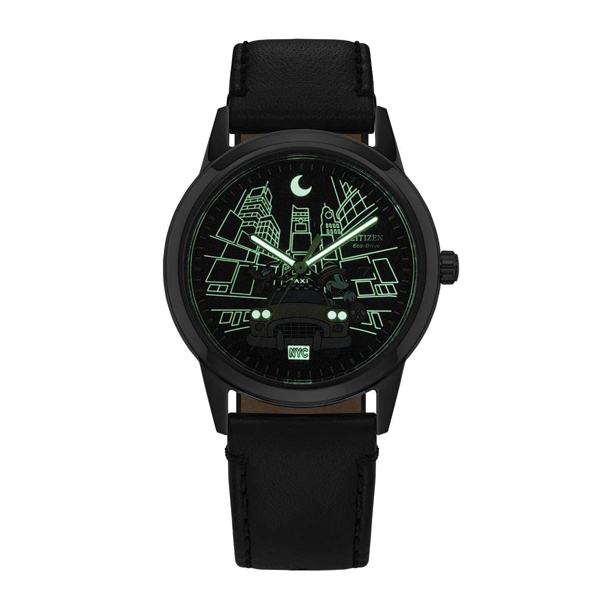 Reloj Citizen análogo, Unisex, tablero redondo color negro, estilo index, pulso cuero color negro, calendario