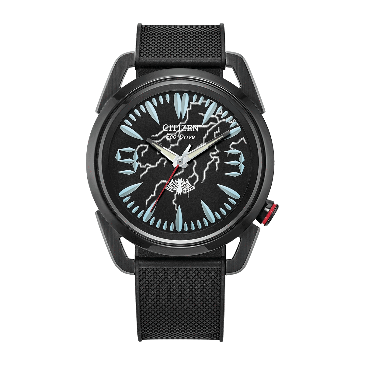Reloj Citizen análogo, para Hombre, tablero redondo colores negro y azul, estilo index + arábigo, pulso silicona color negro