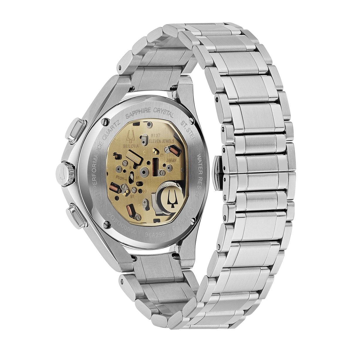 Reloj Bulova análogo, para Hombre, tablero redondo color gris, estilo index, pulso acero color plateado, cronografo