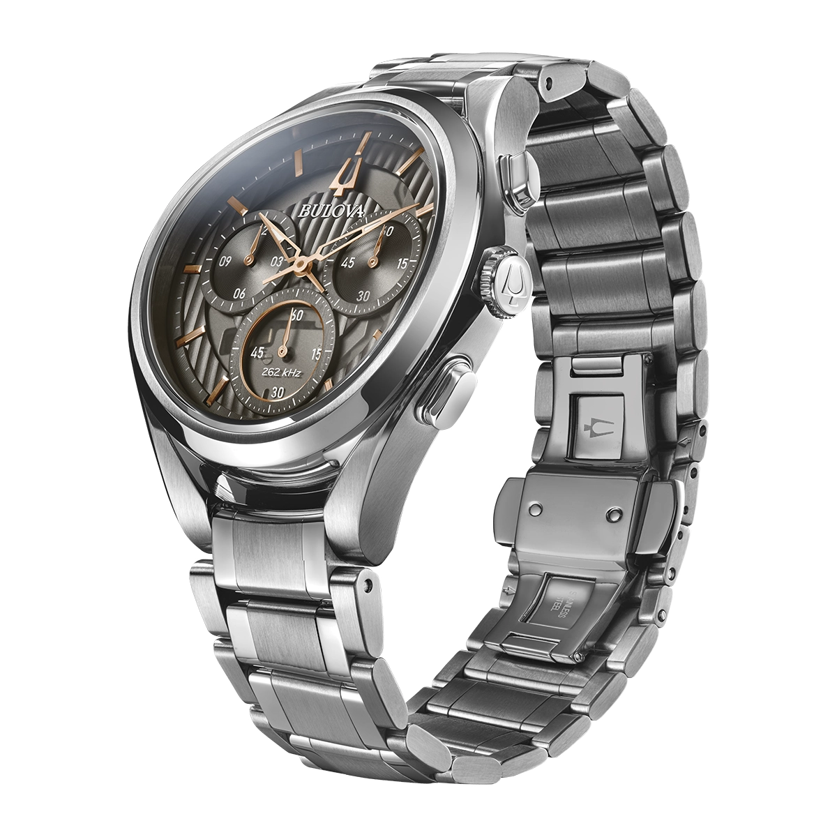 Reloj Bulova análogo, para Hombre, tablero redondo color gris, estilo index, pulso acero color plateado, cronografo