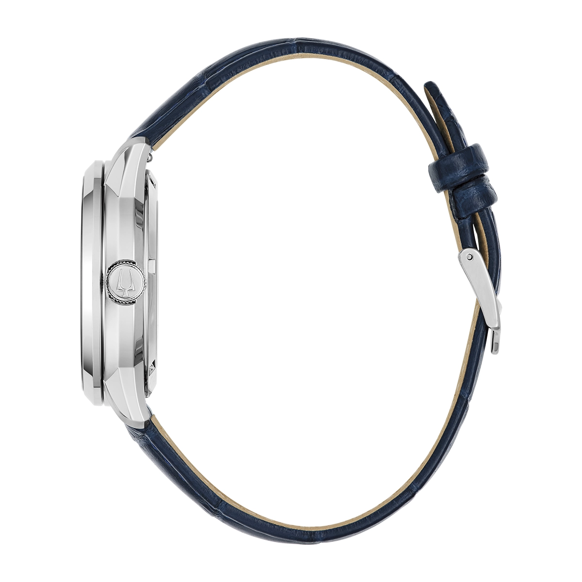 Reloj Bulova análogo, para Hombre, tablero redondo color plateado, estilo index, pulso cuero color azul