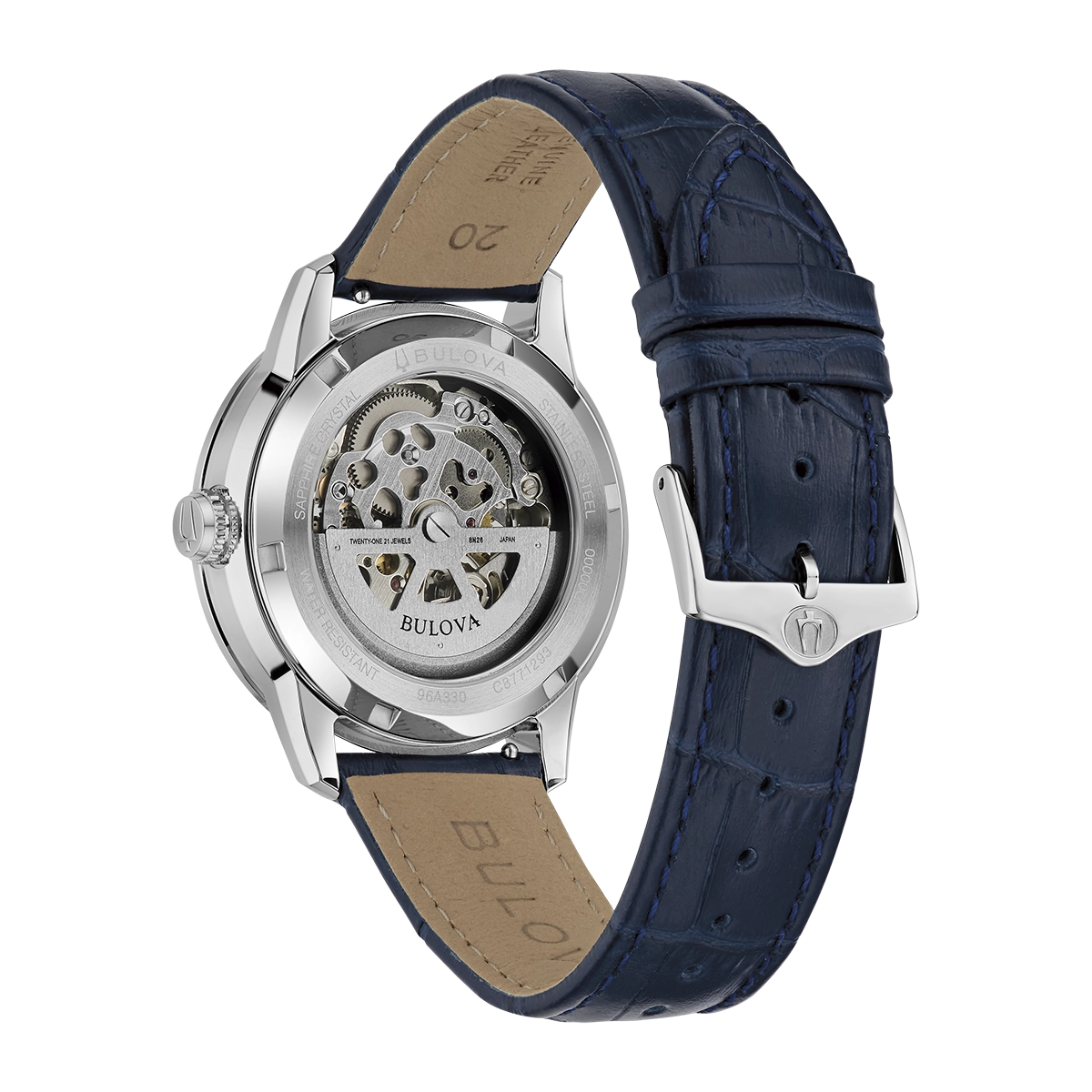 Reloj Bulova análogo, para Hombre, tablero redondo color plateado, estilo index, pulso cuero color azul