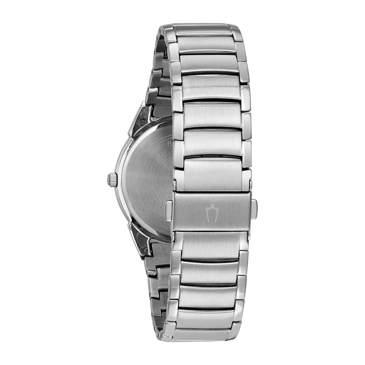 Reloj Bulova análogo, para Hombre, tablero redondo colores negro y plateado, estilo index, pulso acero color plateado, calendario