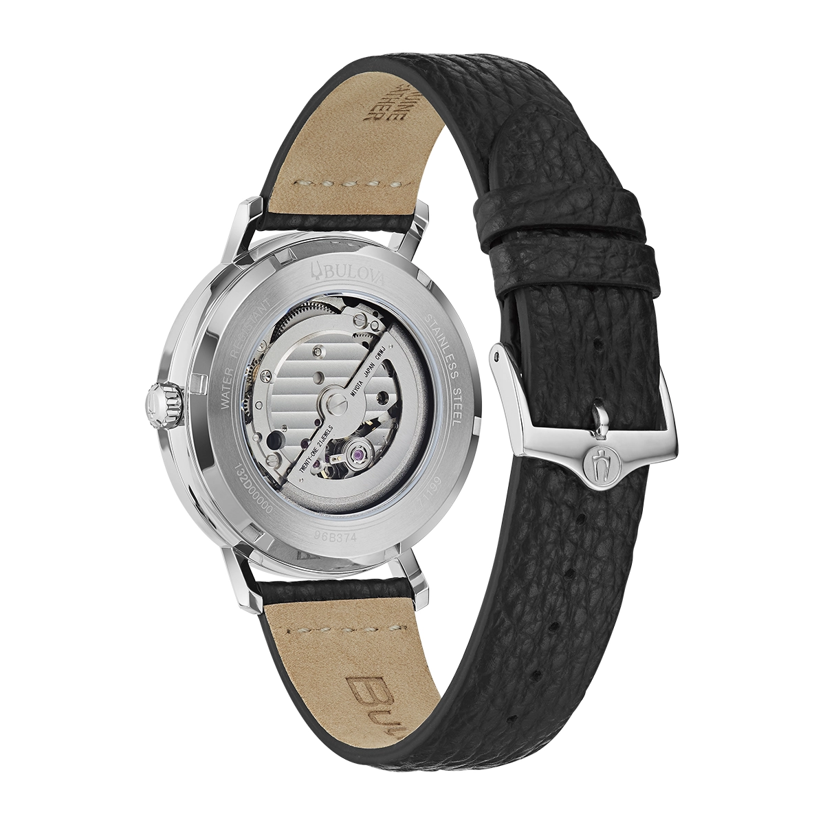 Reloj Bulova análogo, para Hombre, tablero redondo color azul, estilo index, pulso cuero color negro, calendario