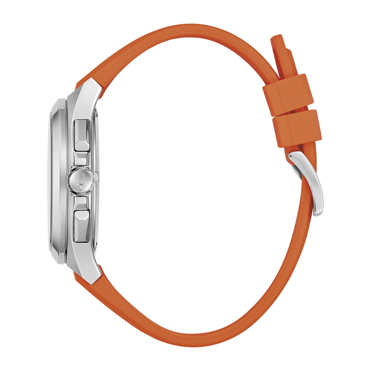 Reloj Bulova análogo, para Hombre, tablero redondo colores azul y plateado, estilo index, pulso silicona color naranja, calendario, cronografo
