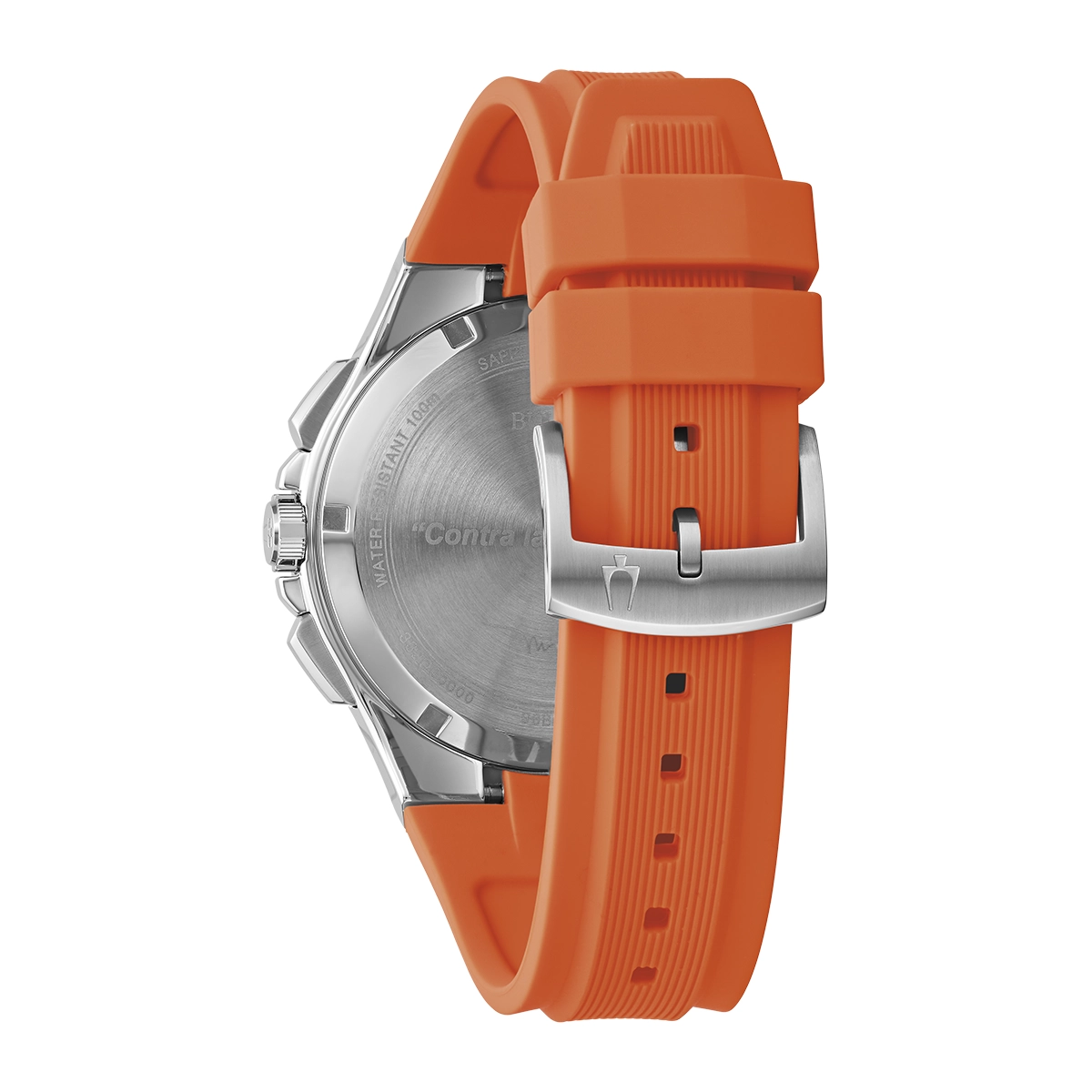 Reloj Bulova análogo, para Hombre, tablero redondo colores azul y plateado, estilo index, pulso silicona color naranja, calendario, cronografo