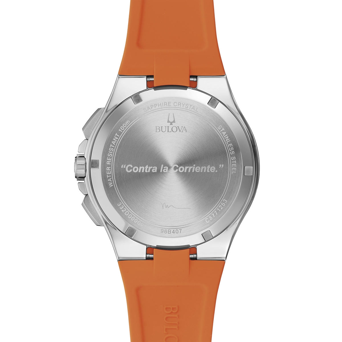 Reloj Bulova análogo, para Hombre, tablero redondo colores azul y plateado, estilo index, pulso silicona color naranja, calendario, cronografo