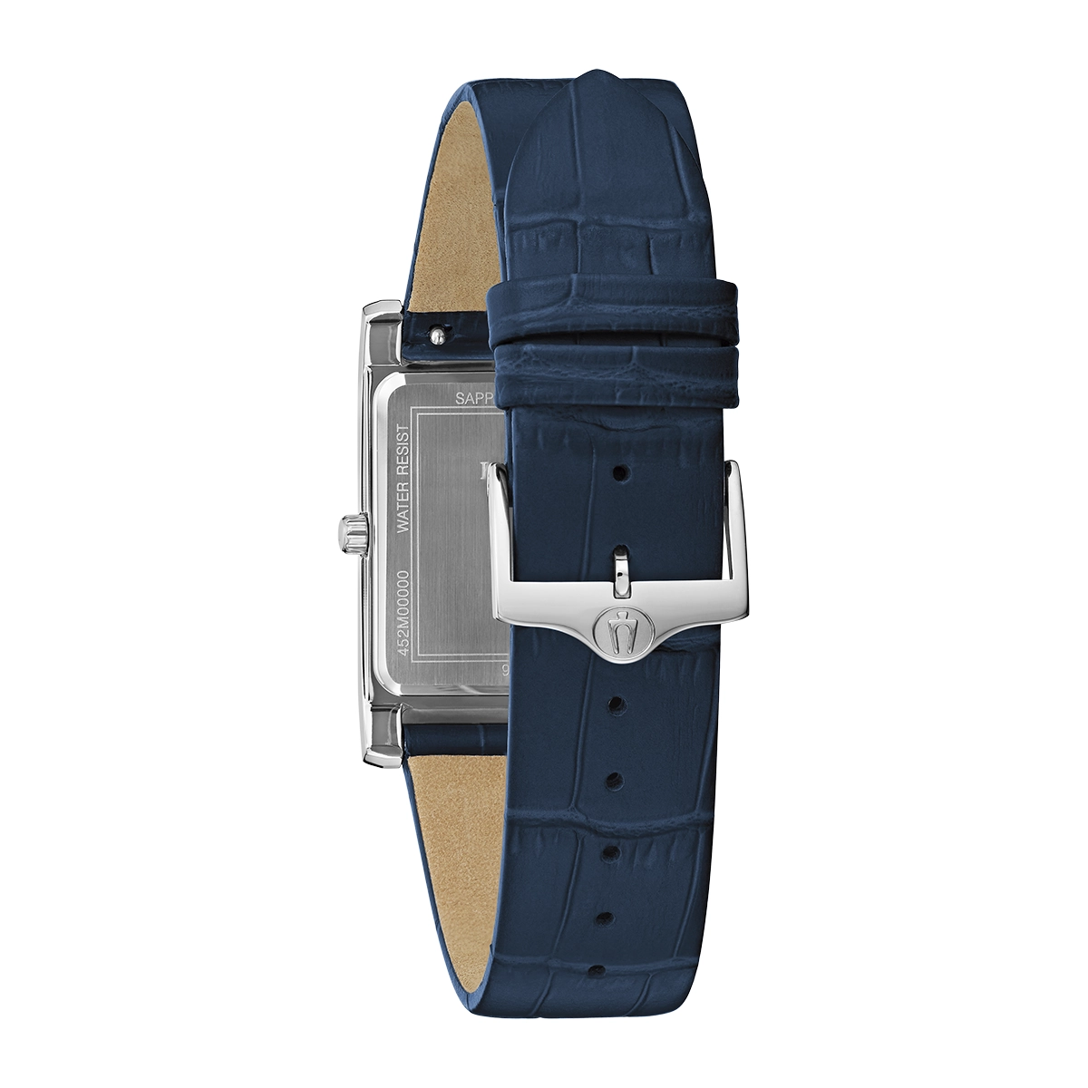 Reloj Bulova análogo, para Hombre, tablero rectangular color azul, estilo index + romano, pulso cuero color azul, calendario