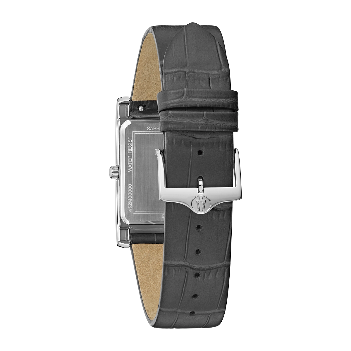 Reloj Bulova análogo, para Hombre, tablero rectangular color café, estilo index + romano, pulso cuero color negro, calendario
