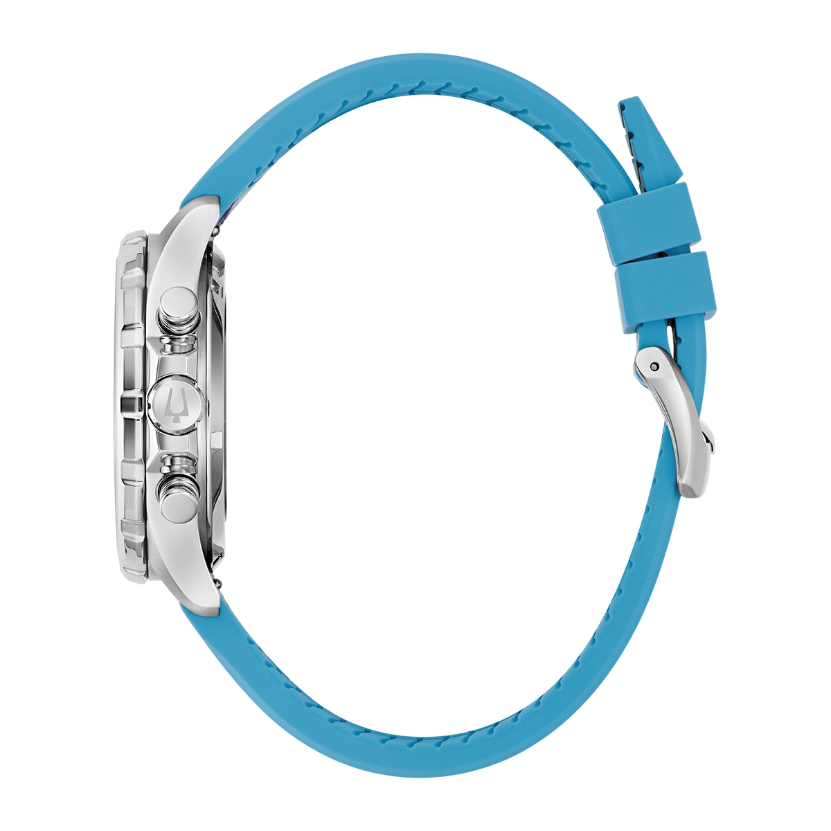 Reloj Bulova análogo, para Hombre, tablero redondo colores azul y naranja, estilo index, pulso silicona colores azul y azul, calendario, cronografo