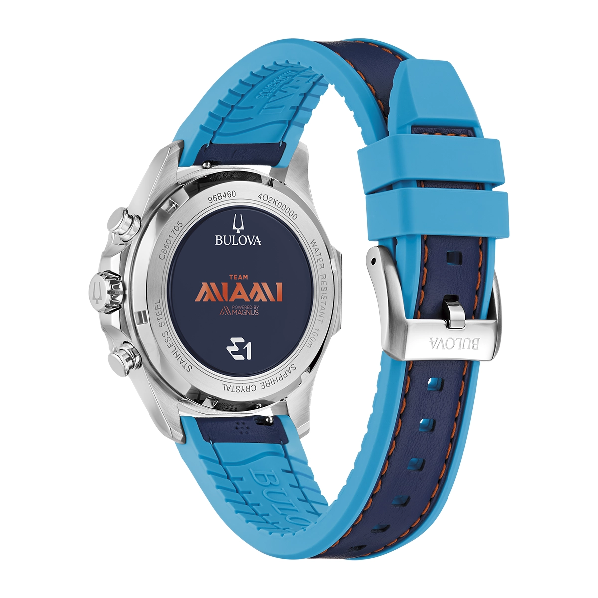 Reloj Bulova análogo, para Hombre, tablero redondo colores azul y naranja, estilo index, pulso silicona colores azul y azul, calendario, cronografo