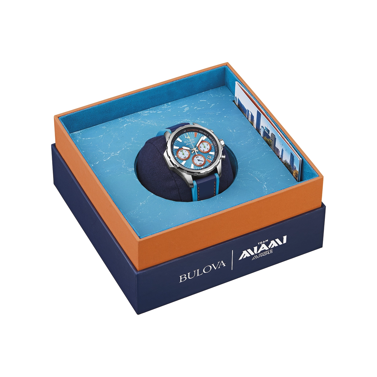Reloj Bulova análogo, para Hombre, tablero redondo colores azul y naranja, estilo index, pulso silicona colores azul y azul, calendario, cronografo