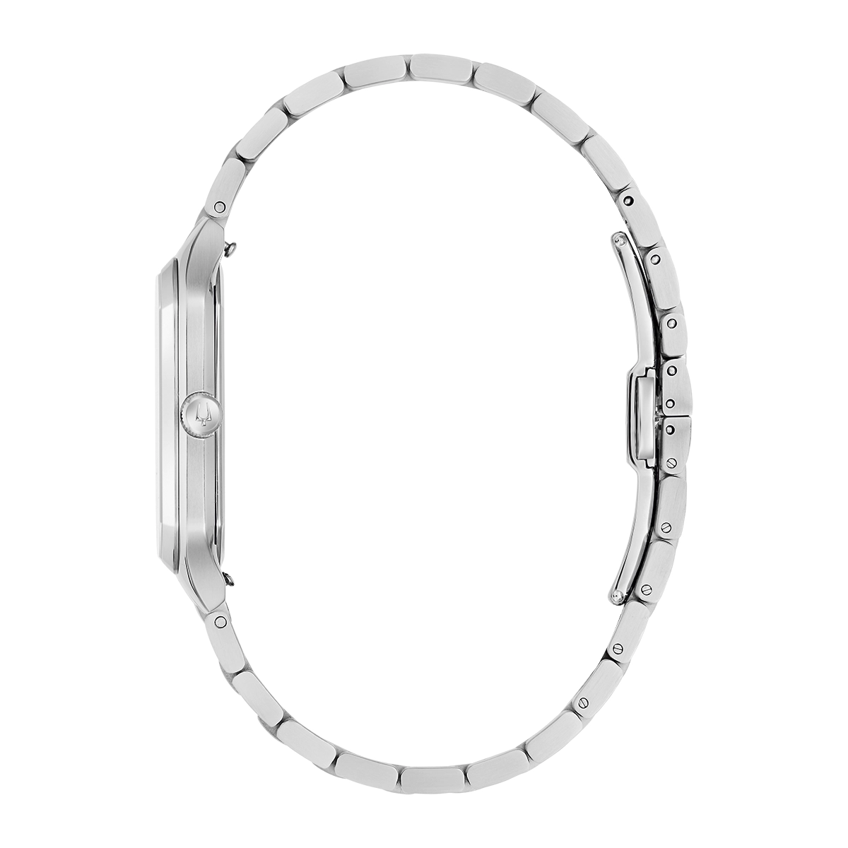 Reloj Bulova análogo, para Hombre, tablero rectangular color dorado, estilo index, pulso acero color plateado, calendario