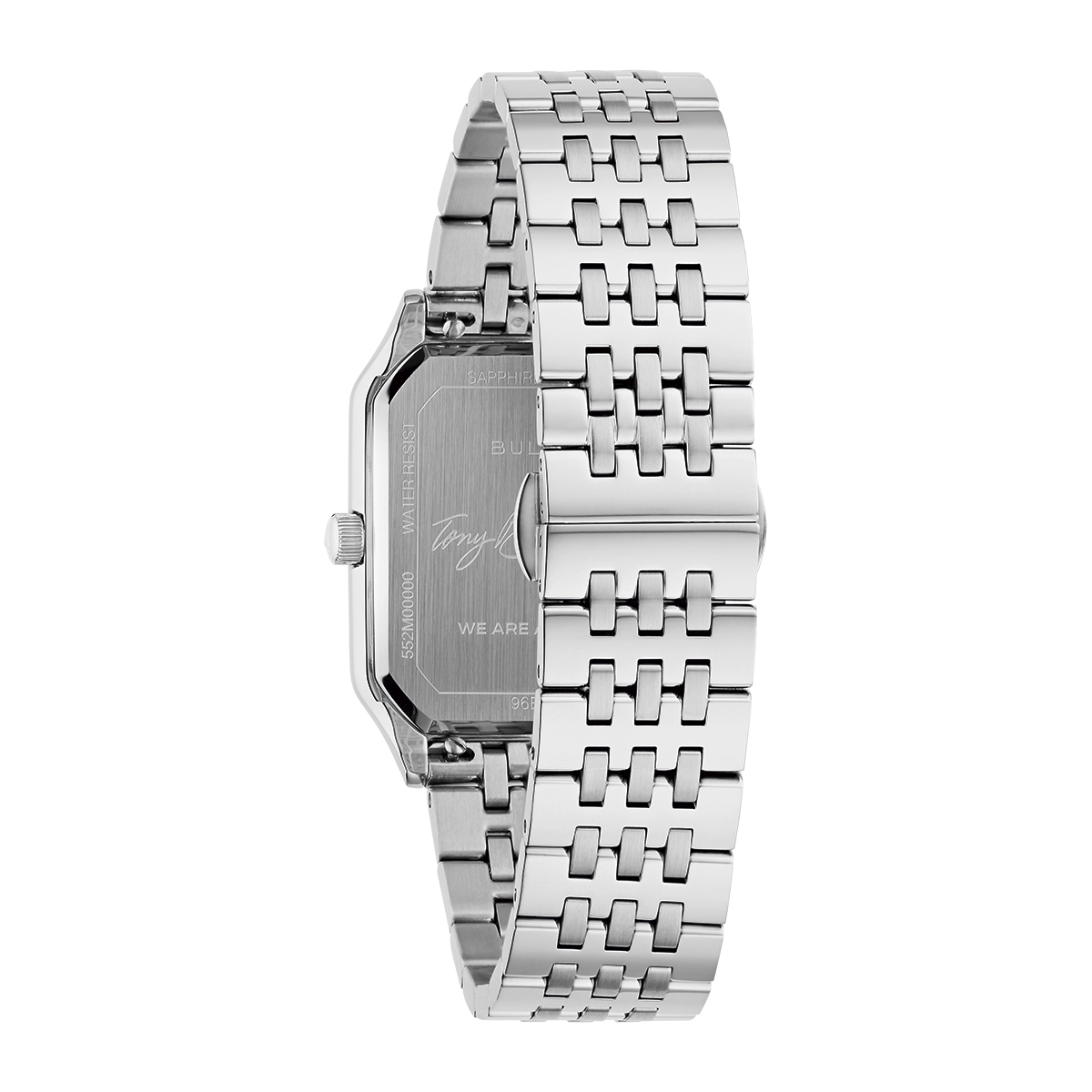 Reloj Bulova análogo, para Hombre, tablero rectangular color dorado, estilo index, pulso acero color plateado, calendario