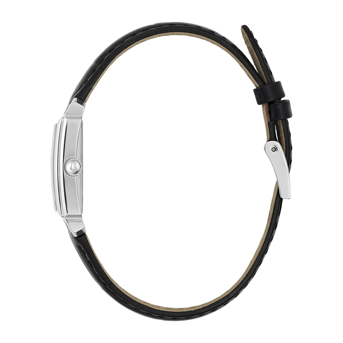 Reloj Bulova análogo, para Dama, tablero rectangular color blanco, estilo index + romano, pulso cuero color negro