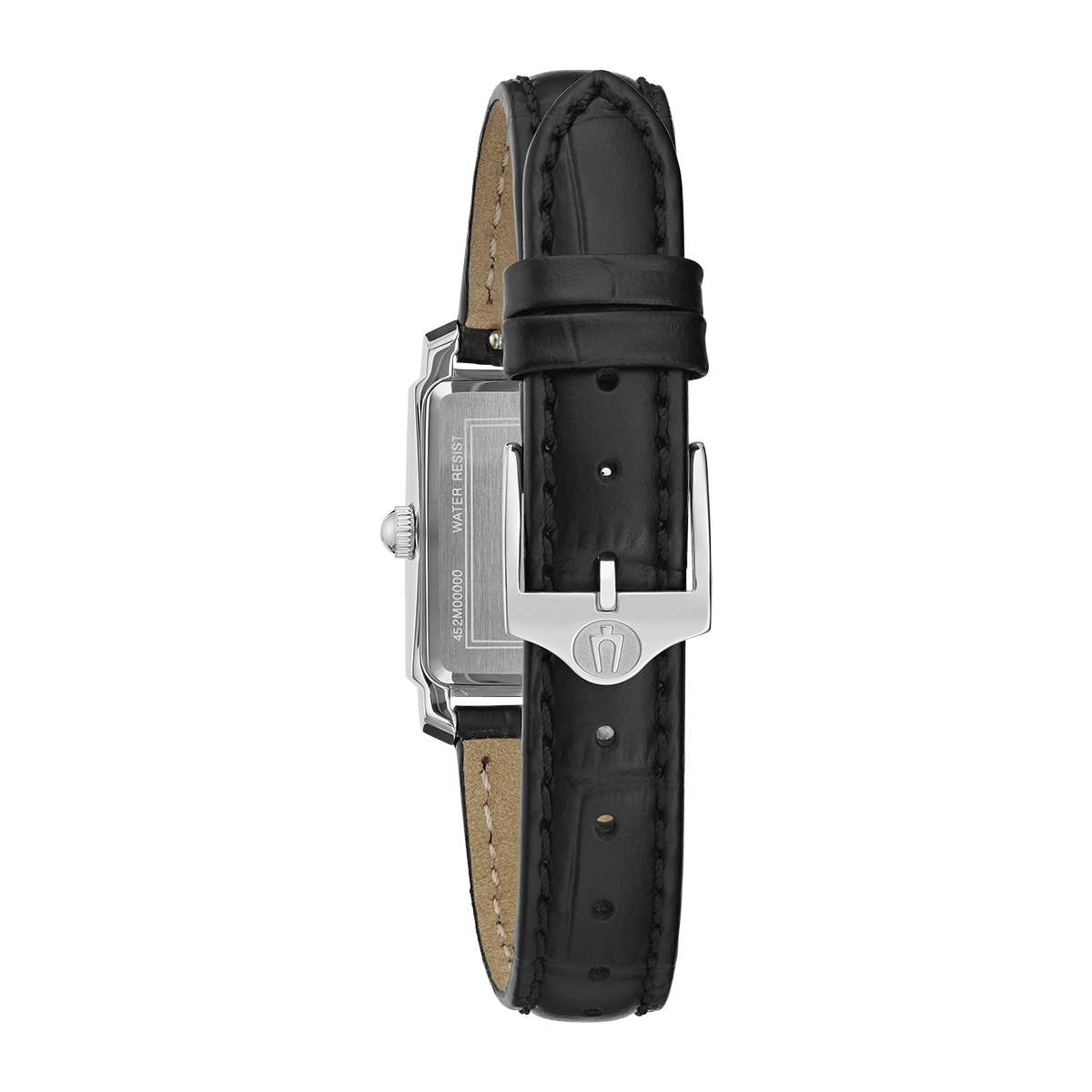 Reloj Bulova análogo, para Dama, tablero rectangular color blanco, estilo index + romano, pulso cuero color negro