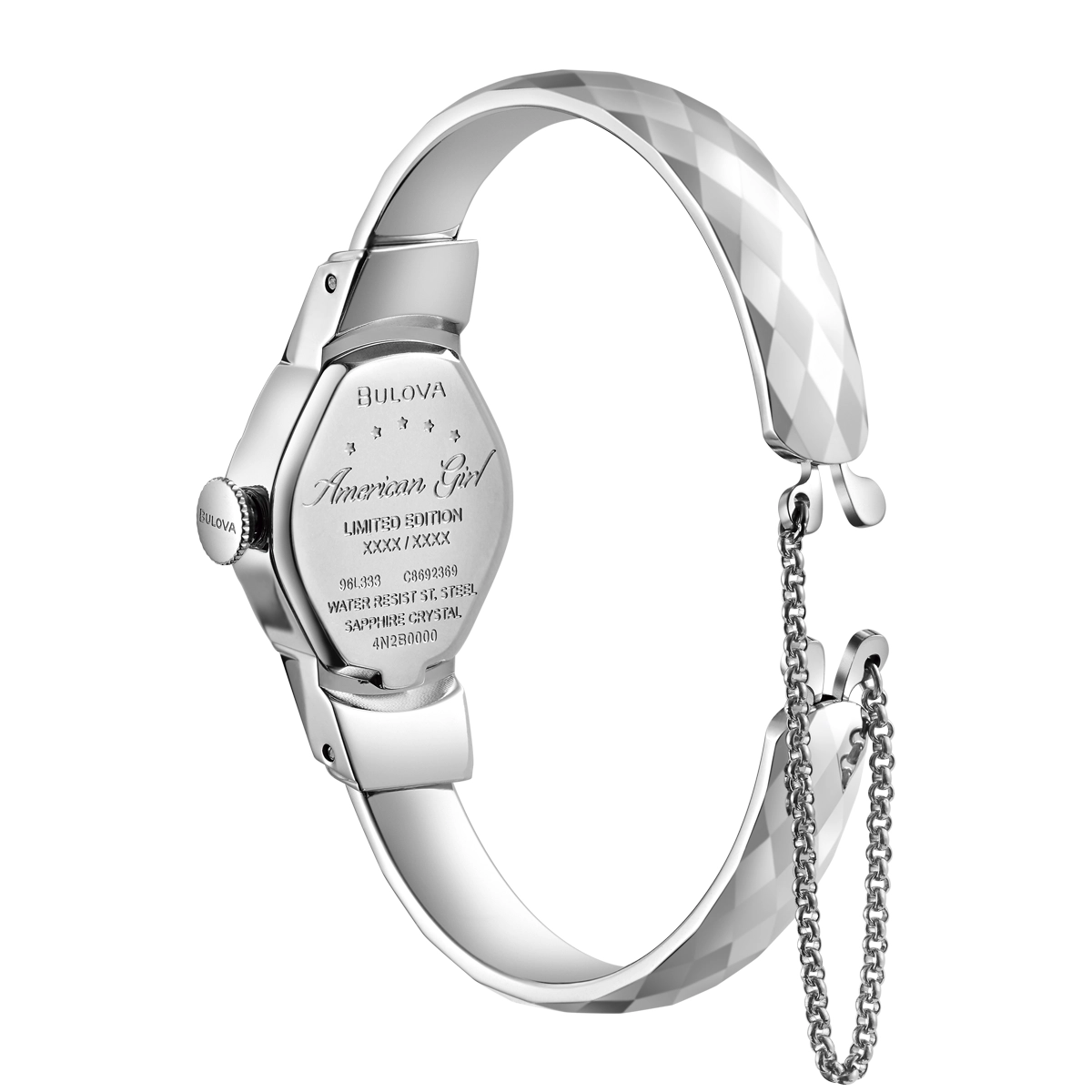 Reloj Bulova análogo, para Dama, tablero cuadrado color blanco, estilo index + arábigo, pulso acero color plateado