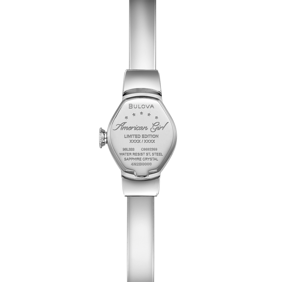 Reloj Bulova análogo, para Dama, tablero cuadrado color blanco, estilo index + arábigo, pulso acero color plateado