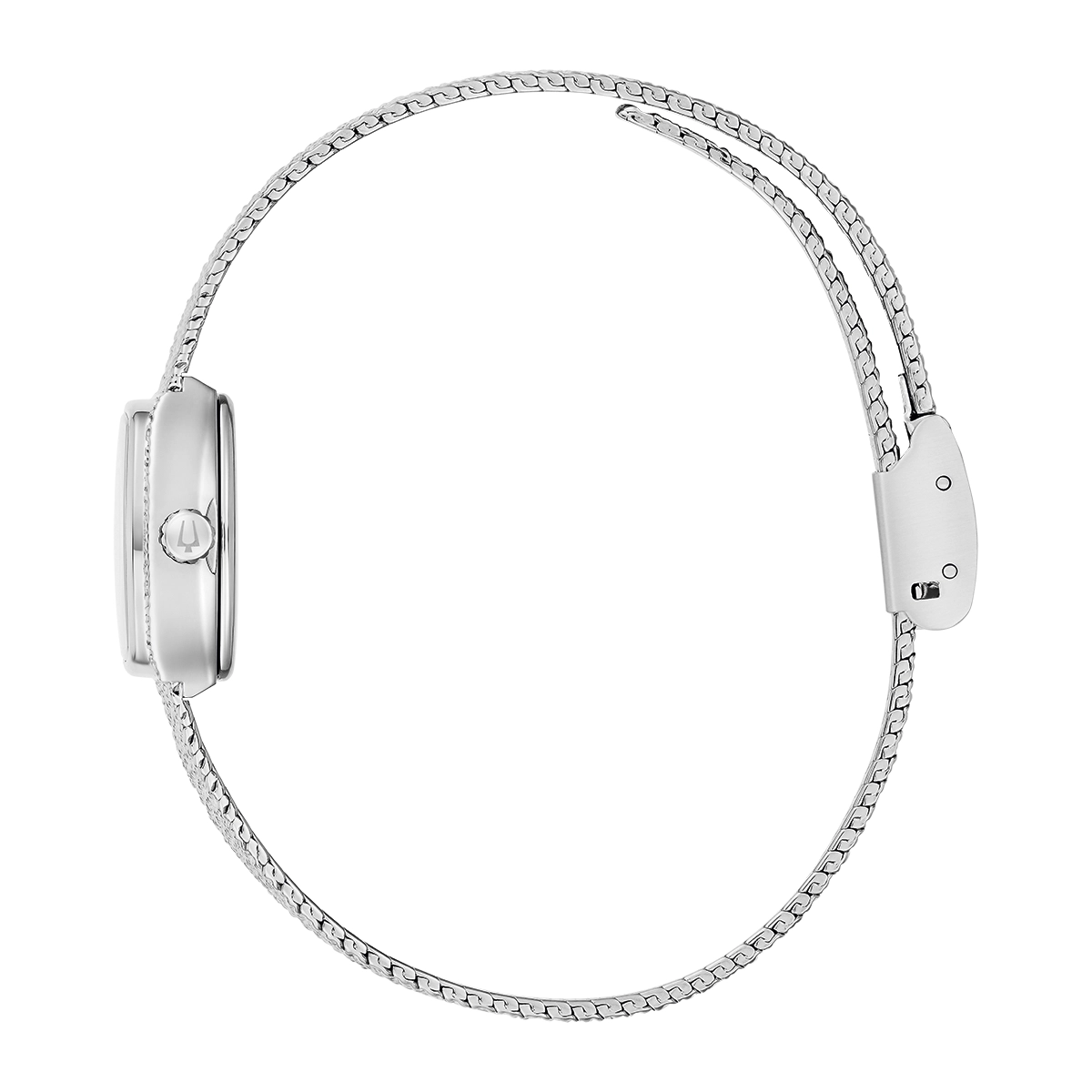 Reloj Bulova análogo, para Dama, tablero rectangular color azul, estilo index, pulso acero color plateado