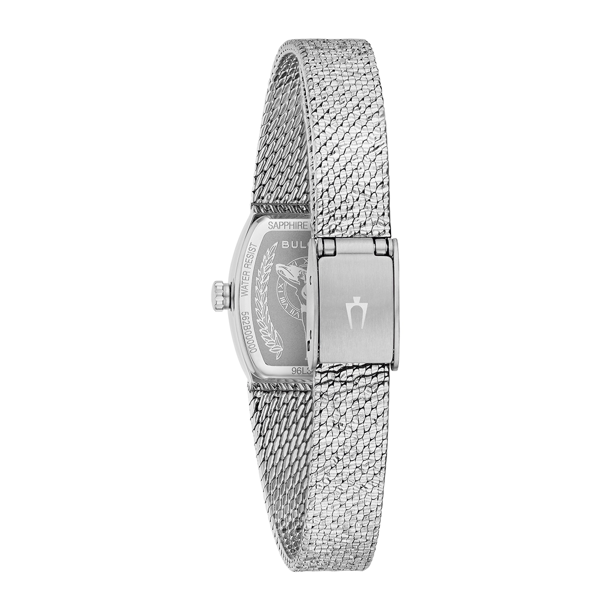 Reloj Bulova análogo, para Dama, tablero rectangular color azul, estilo index, pulso acero color plateado