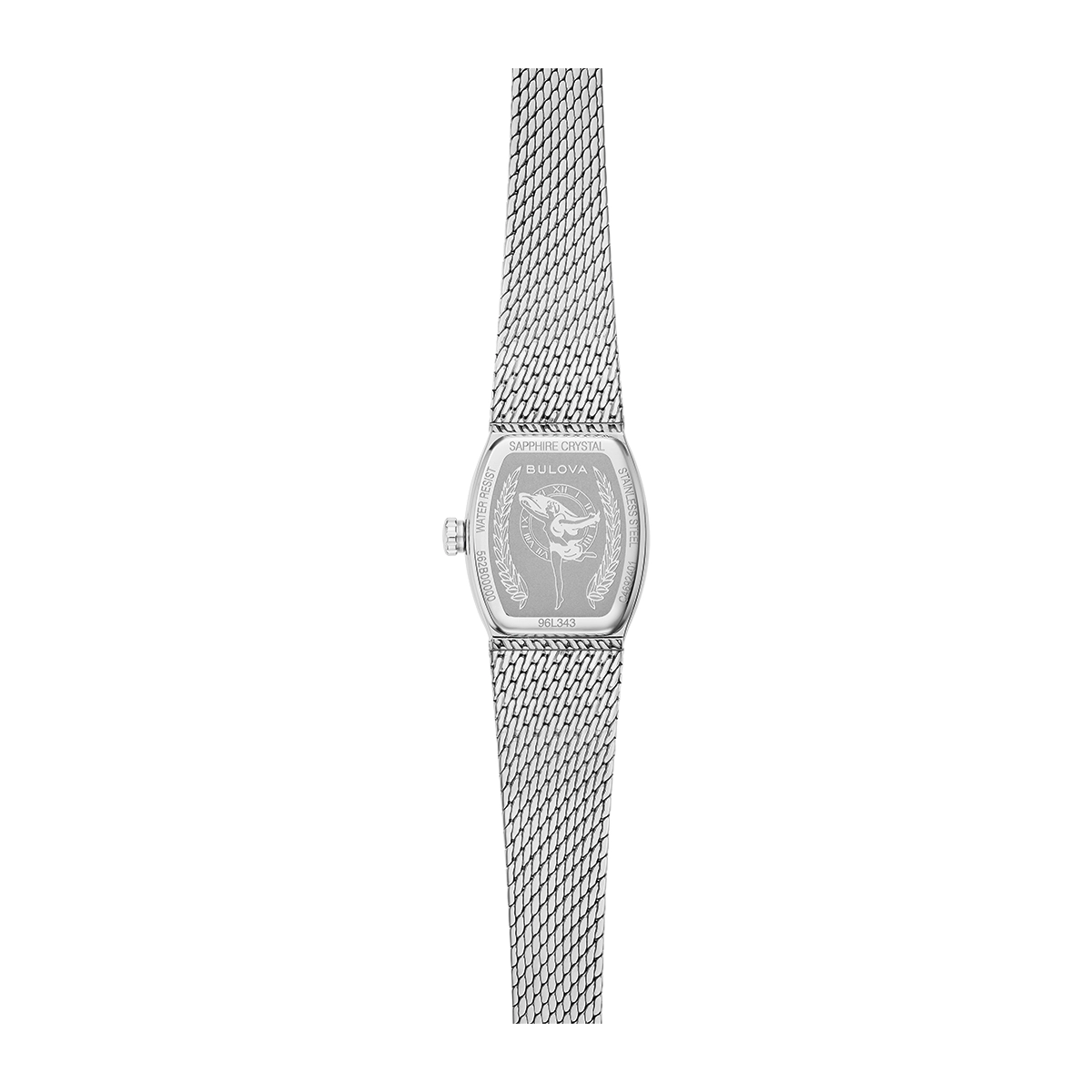 Reloj Bulova análogo, para Dama, tablero rectangular color azul, estilo index, pulso acero color plateado