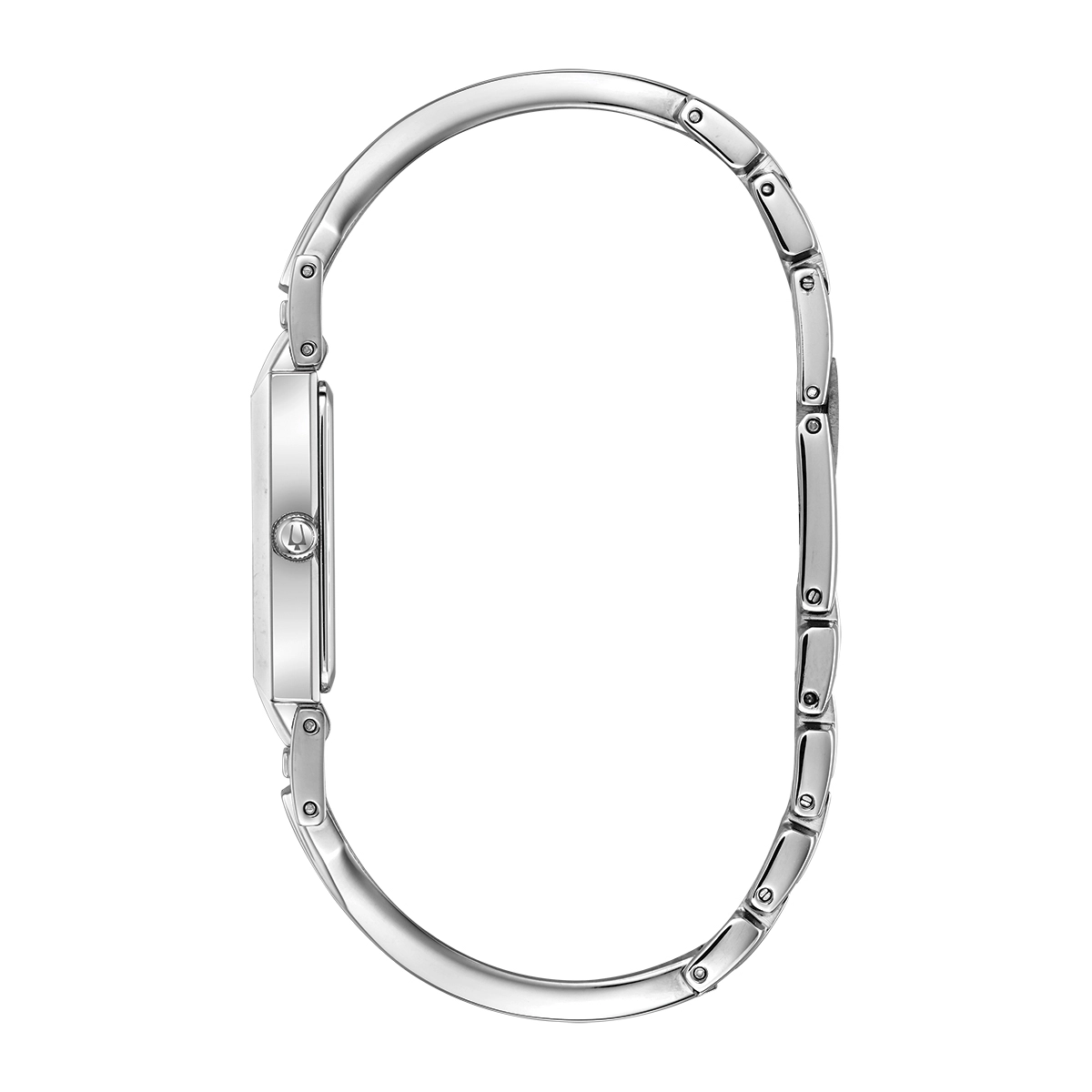 Reloj Bulova análogo, para Dama, tablero rectangular color negro, estilo puntos, pulso acero color plateado