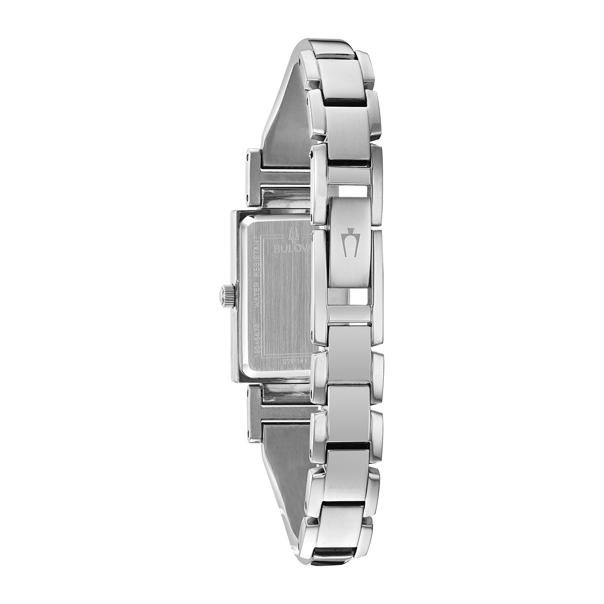 Reloj Bulova análogo, para Dama, tablero rectangular color negro, estilo puntos, pulso acero color plateado