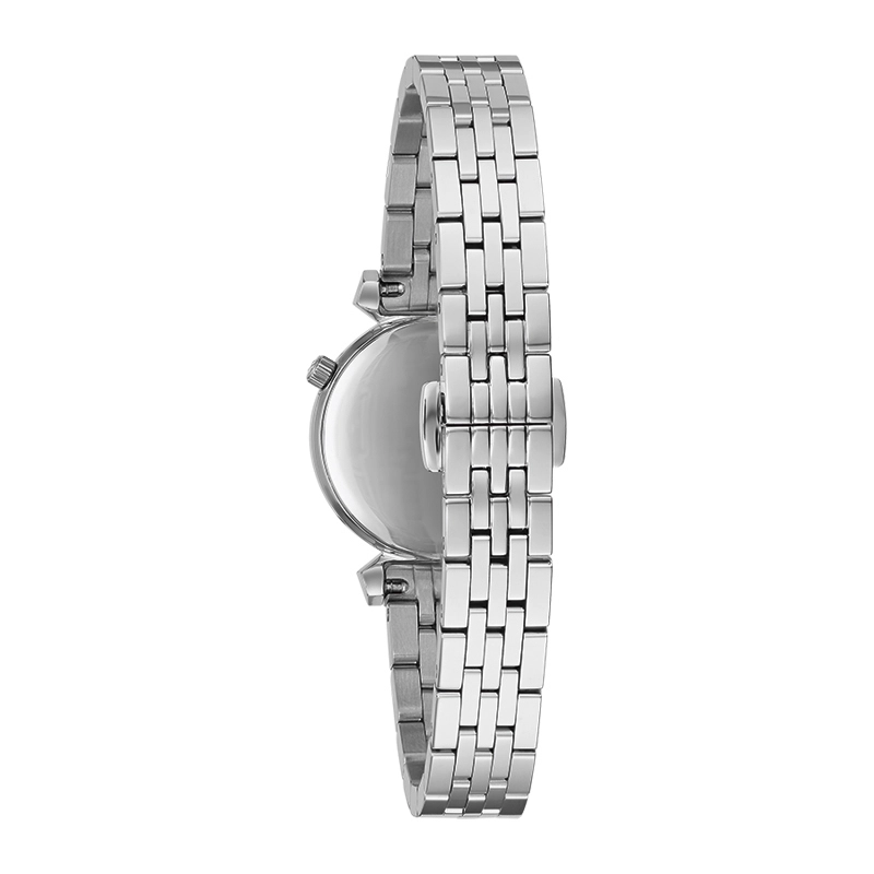 Reloj Bulova análogo, para Dama, tablero redondo colores negro y plateado, estilo puntos, pulso acero color plateado