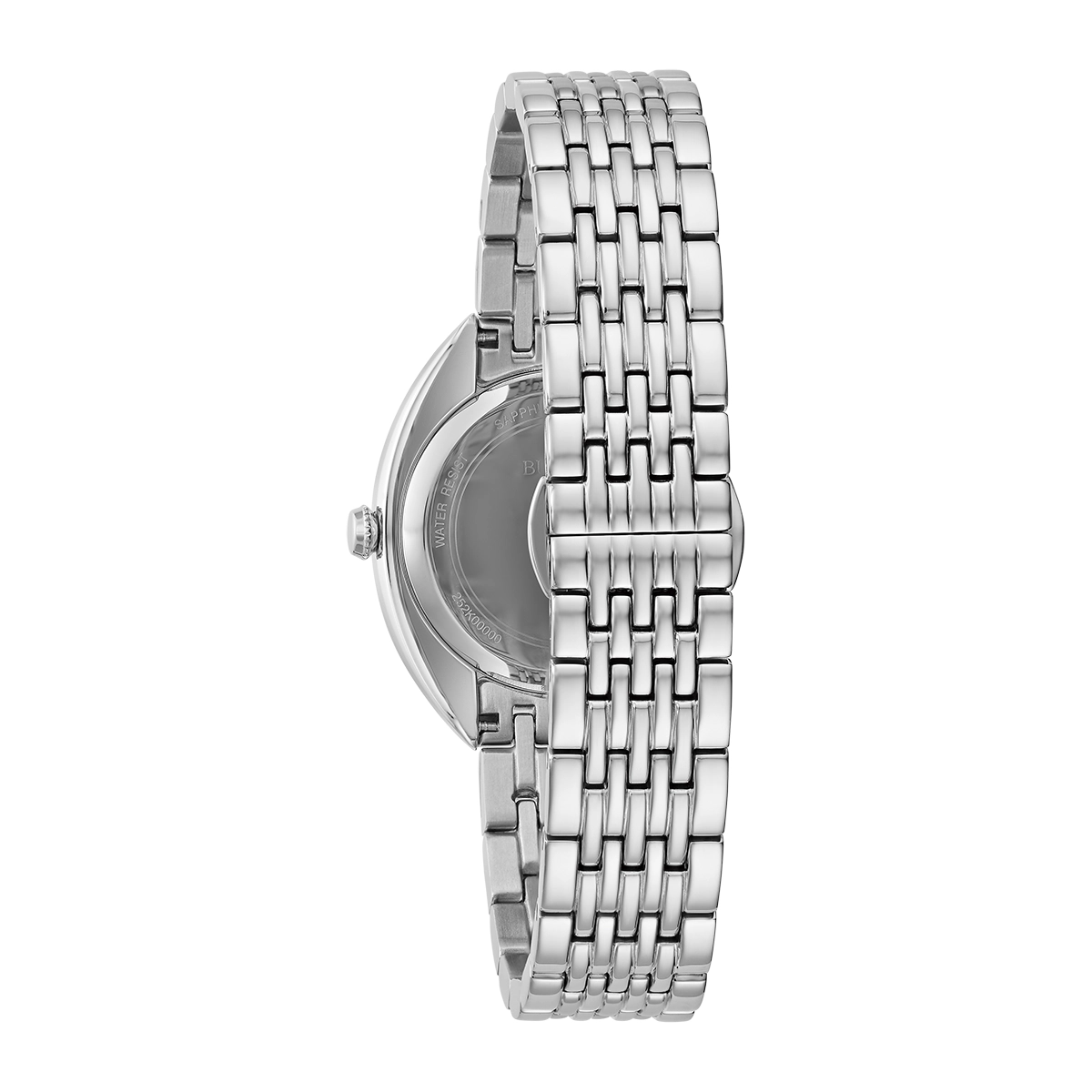 Reloj Bulova análogo, para Dama, tablero redondo color negro, estilo index + romano, pulso acero color plateado