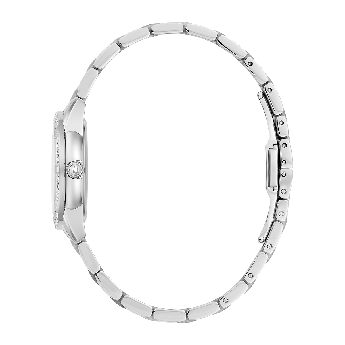 Reloj Bulova análogo, para Dama, tablero redondo color blanco, estilo index + puntos, pulso acero color plateado