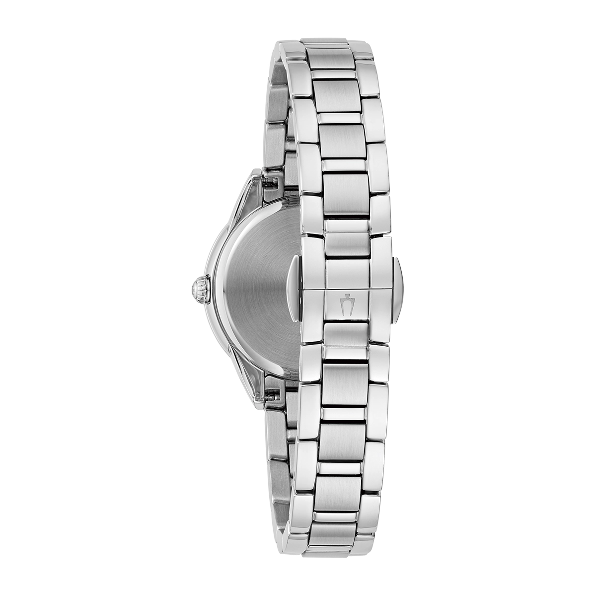 Reloj Bulova análogo, para Dama, tablero redondo color blanco, estilo index + puntos, pulso acero color plateado
