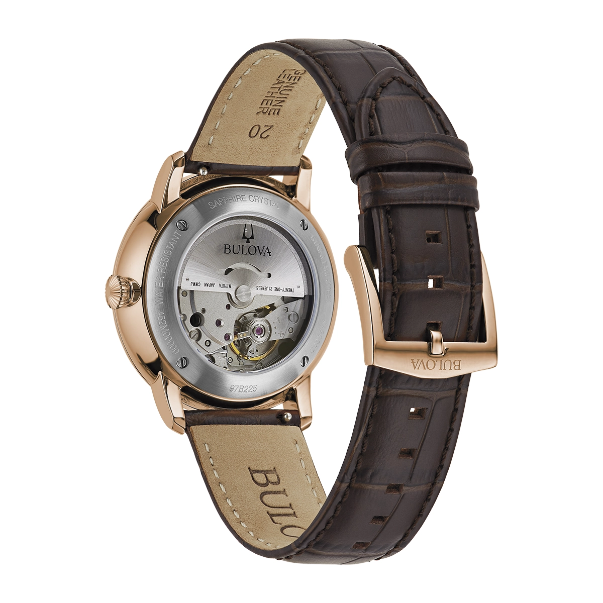 Reloj Bulova análogo, para Hombre, tablero redondo colores plateado y rosa, estilo index + romano, pulso cuero color café, calendario